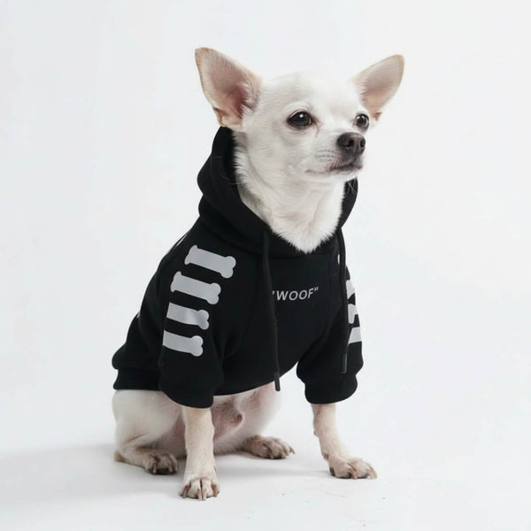 Sudadera con capucha para perro "WOOF" - Negra y reflectante