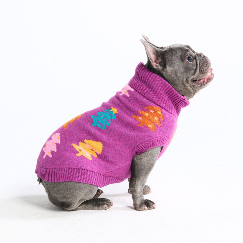 Suéter navideño tejido para perro – Árboles de caramelo magenta