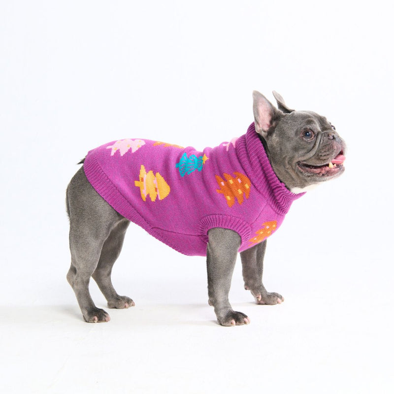 Suéter navideño tejido para perro – Árboles de caramelo magenta