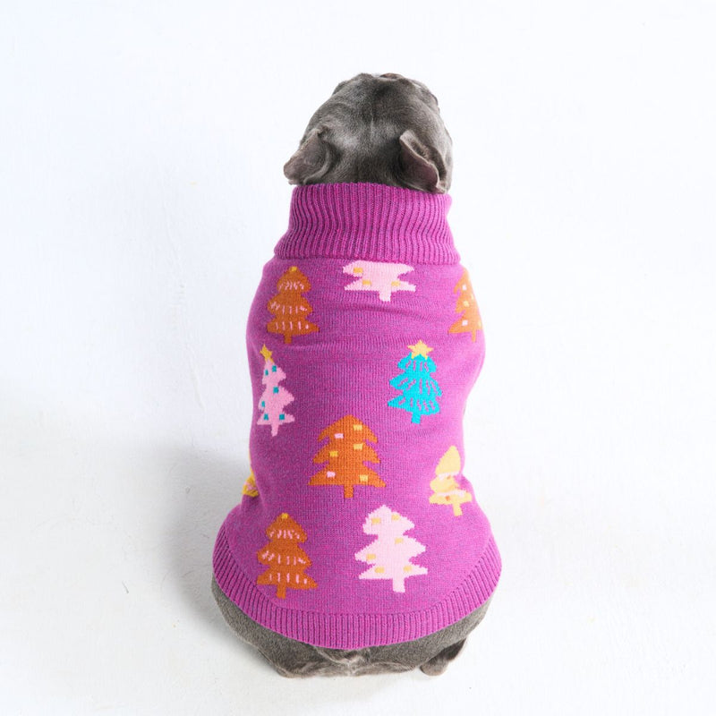 Suéter navideño tejido para perro – Árboles de caramelo magenta