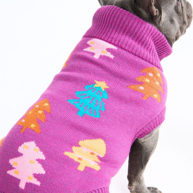 Suéter navideño tejido para perro – Árboles de caramelo magenta