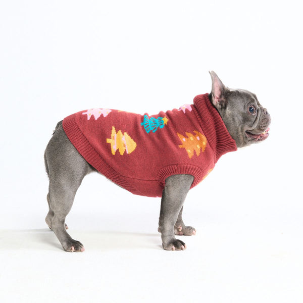 Suéter navideño tejido para perro – Árboles de caramelo castaños