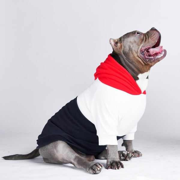 Sudadera con capucha para perro roja, blanca y azul marino